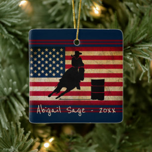Personalised Barrel Racing American Flag Horse Ceramic Ornament