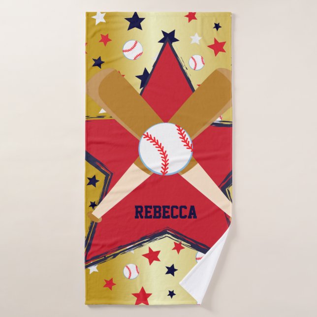 Personalised Baseball Bats Ball and Stars Gold Bath Towel (Bath Towel)