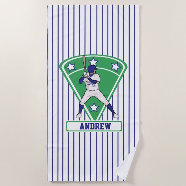 Personalised Baseball Batter Star blue Beach Towel (Front)