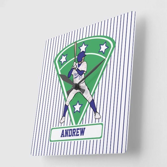 Personalised Baseball Batter Star Blue Square Wall Clock (Angle)