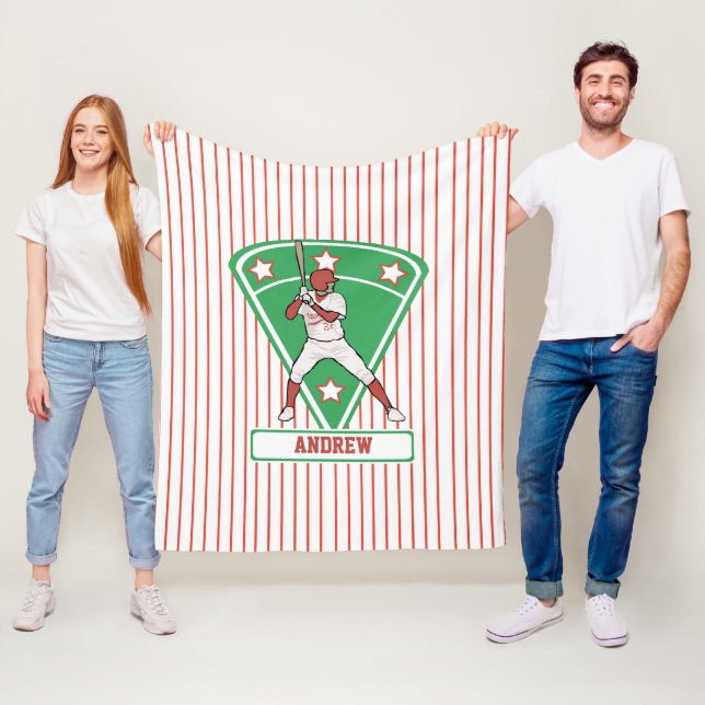 Personalised Baseball Batter Star Red Fleece Blanket (In Situ)
