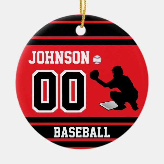 Personalised Baseball Catcher | Red and Black Ceramic Tree Decoration (Front)