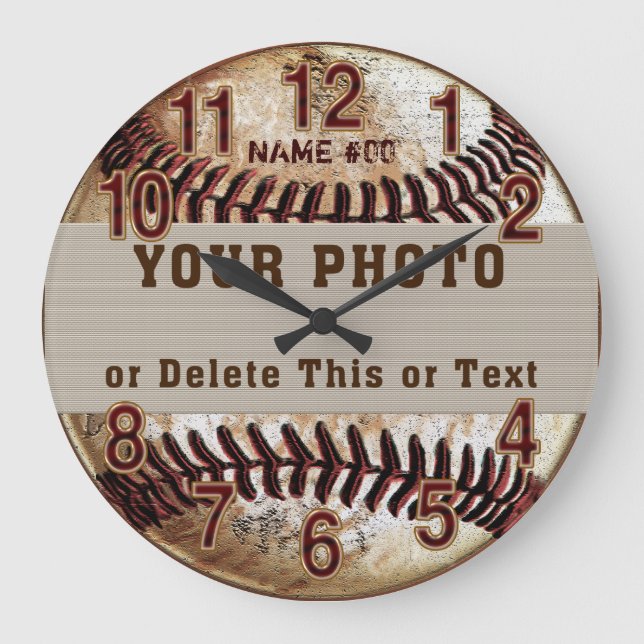 Personalised Baseball Clock, Your PHOTO and TEXT Large Clock (Front)