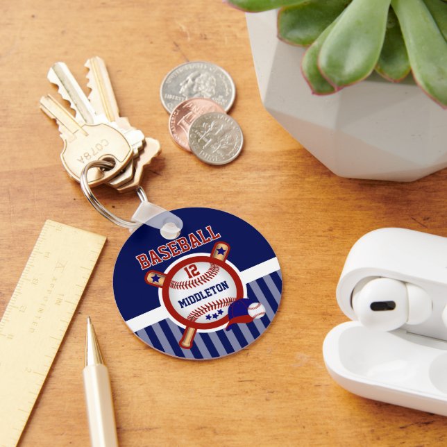 Personalised Baseball | Dark Blue and Red Key Ring (Desk)