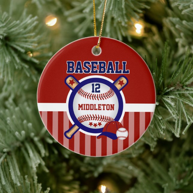 Personalised Baseball | Dark Red and Blue Ceramic Tree Decoration (Tree)