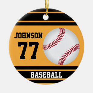 Personalised Baseball   Gold and Black Ceramic Tree Decoration