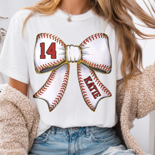 Personalised Baseball Mum Bow Name & Number T-Shirt (Creator Uploaded)