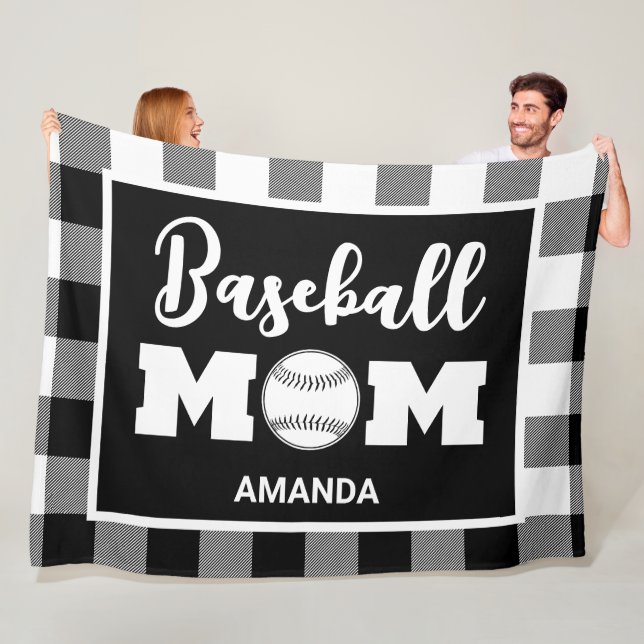 Personalised Baseball Mum Name Black Gingham Plaid Fleece Blanket (In Situ)