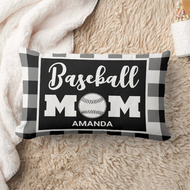 Personalised Baseball Mum Name Black Gingham Plaid Lumbar Cushion (Blanket)