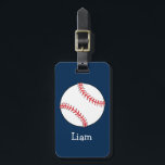 Personalised Baseball on Blue Kids Boys Luggage Tag<br><div class="desc">Large white baseball with red stitching on a navy blue background. The boy's name is written under the baseball in large white lettering. His parent's phone number is written on the back.</div>