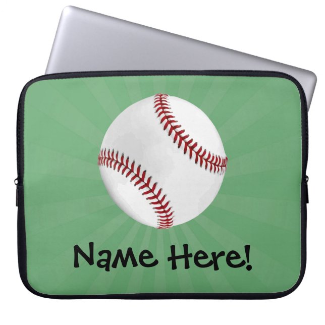 Personalised Baseball on Green Kids Boys Laptop Sleeve (Front)