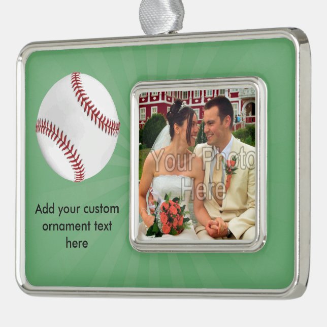 Personalised Baseball on Green Kids Boys Silver Plated Framed Ornament (Left)