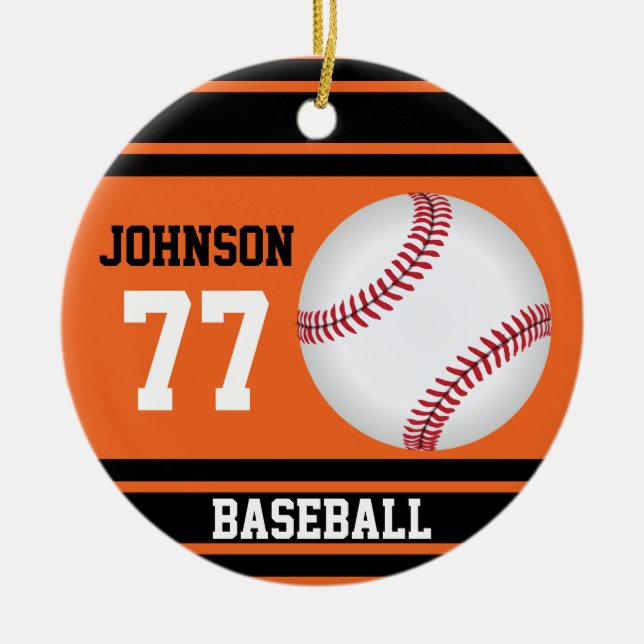 *Personalised Baseball | Orange and Black Ceramic Tree Decoration (Front)