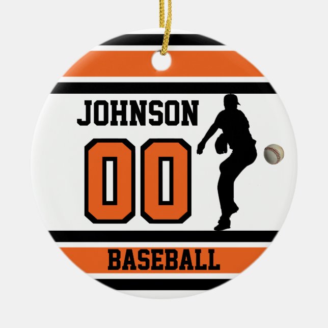 Personalised ⚾ Baseball | Orange, White & Black Ceramic Tree Decoration (Front)