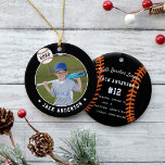 Personalised Baseball Photo & Player Stats Ceramic Tree Decoration<br><div class="desc">Commemorate an awesome season for your favourite baseball player with this cool custom ornament in a black and orange colorway. Personalise the front with the player's photo,  name and the year,  and add more details to the back,  including the team or league name,  season,  age,  position,  and coach name.</div>