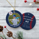 Personalised Baseball Photo & Player Stats Ceramic Tree Decoration<br><div class="desc">Commemorate an awesome season for your favourite baseball player with this cool custom ornament in a navy blue, red, and white colorway. Personalise the front with the player's photo, name and the year, and add more details to the back, including the team or league name, season, age, position, and coach...</div>