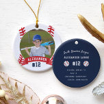 Personalised Baseball Photo & Player Stats Ceramic Tree Decoration<br><div class="desc">Commemorate an awesome season for your favourite baseball player with this cool custom ornament. Personalise the front with the player's photo,  name and jersey number on a baseball illustration background. Then add more details to the back,  including the team or league name,  season,  age,  position,  and coach name.</div>
