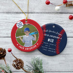 Personalised Baseball Photo & Player Stats Ceramic Tree Decoration<br><div class="desc">Commemorate an awesome season for your favourite baseball player with this cool custom ornament in a navy blue and red colorway. Personalise the front with the player's photo, name and the year, and add more details to the back, including the team or league name, season, age, position, and coach name....</div>
