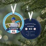 Personalised Baseball Photo & Player Stats Ornament<br><div class="desc">Commemorate an awesome season for your favourite baseball player with this cool custom ornament in a blue and navy blue colorway. Personalise the front with the player's photo, name and jersey number, and add more details to the back, including the team or league name, season, age, position, and coach name....</div>
