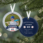 Personalised Baseball Photo & Player Stats Ornament<br><div class="desc">Commemorate an awesome season for your favourite baseball player with this cool custom ornament in a navy blue and grey colorway. Personalise the front with the player's photo, name and jersey number, and add more details to the back, including the team or league name, season, age, position, and coach name....</div>