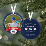 Personalised Baseball Photo & Player Stats Ornament<br><div class="desc">Commemorate an awesome season for your favourite baseball player with this cool custom ornament in a navy blue and red colorway. Personalise the front with the player's photo, name and jersey number, and add more details to the back, including the team or league name, season, age, position, and coach name....</div>