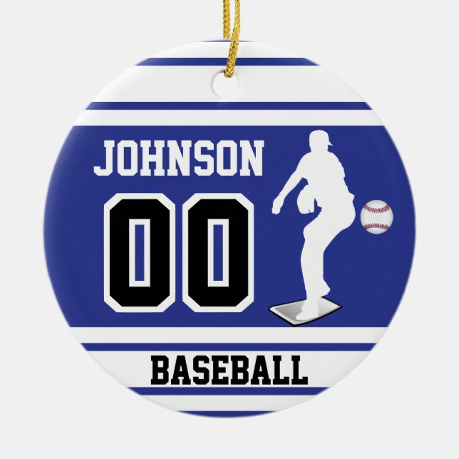 Personalised Baseball Pitcher | Dark Blue & White Ceramic Tree Decoration (Front)