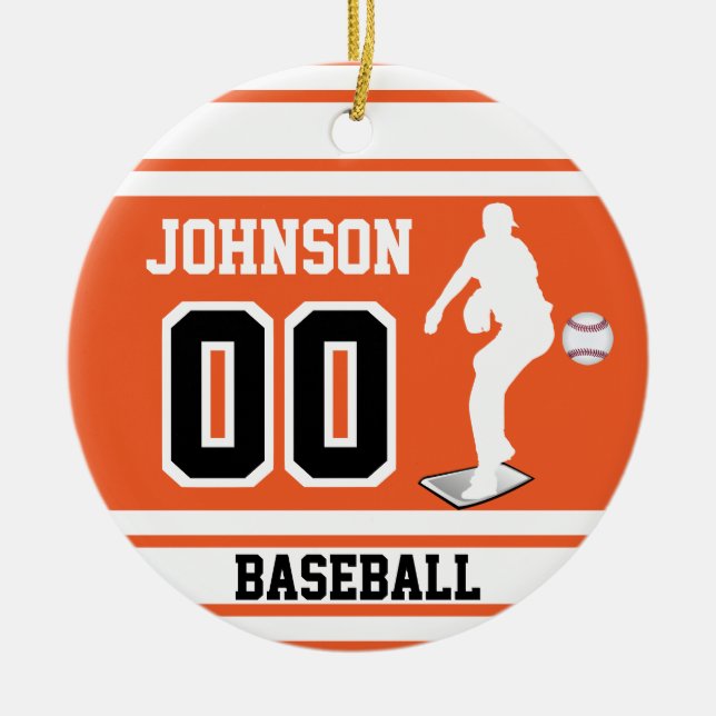 Personalised ⚾ Baseball Pitcher | Orange & White Ceramic Tree Decoration (Front)