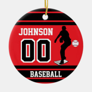 Personalised Baseball Pitcher Red and Black Ceramic Tree Decoration