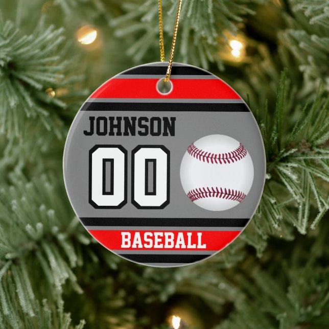 Personalised Baseball | Red, Grey and Black  Ceramic Tree Decoration (Tree)