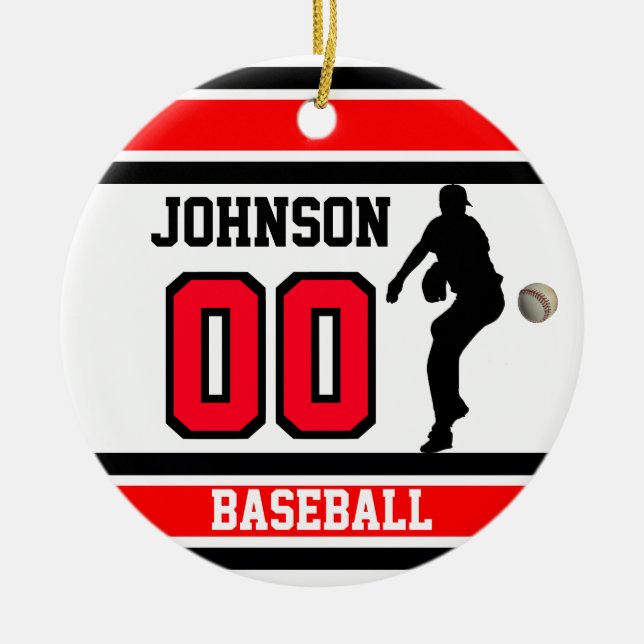 Personalised Baseball | Red, White & Black Ceramic Tree Decoration (Front)