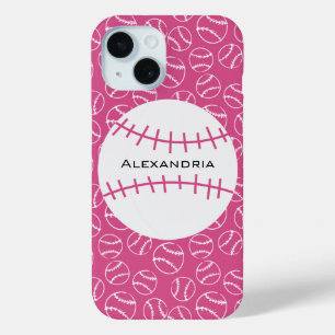 Personalised Baseball Softball Pattern on Pink iPhone 15 Case