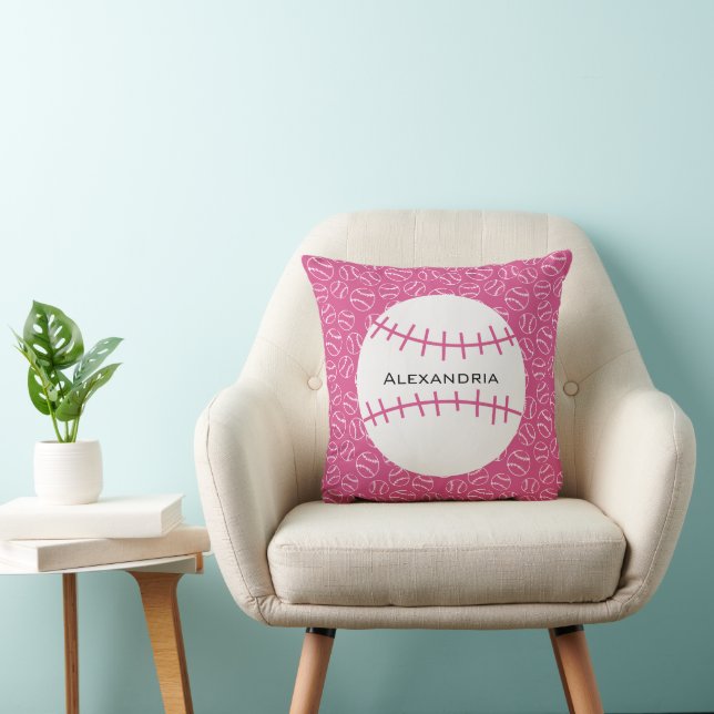 Personalised Baseball Softball Pattern on Pink Cushion (Chair)