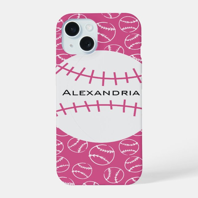 Personalised Baseball Softball Pattern on Pink iPhone 15 Case (Back)