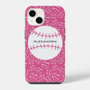 Personalised Baseball Softball Pattern on Pink iPhone 14 Case
