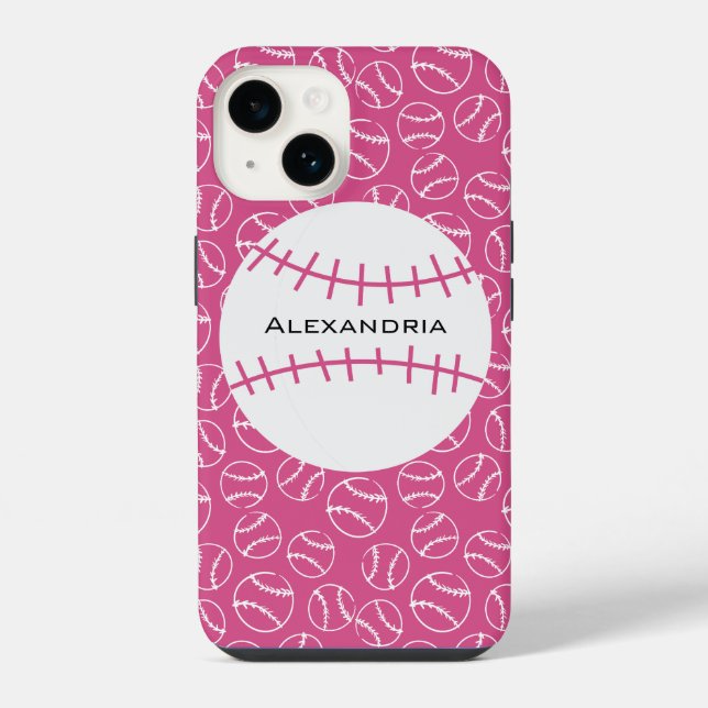 Personalised Baseball Softball Pattern on Pink iPhone Case (Back)