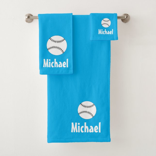 Personalised Baseball Sports blue and white Bath Towel Set (Insitu)