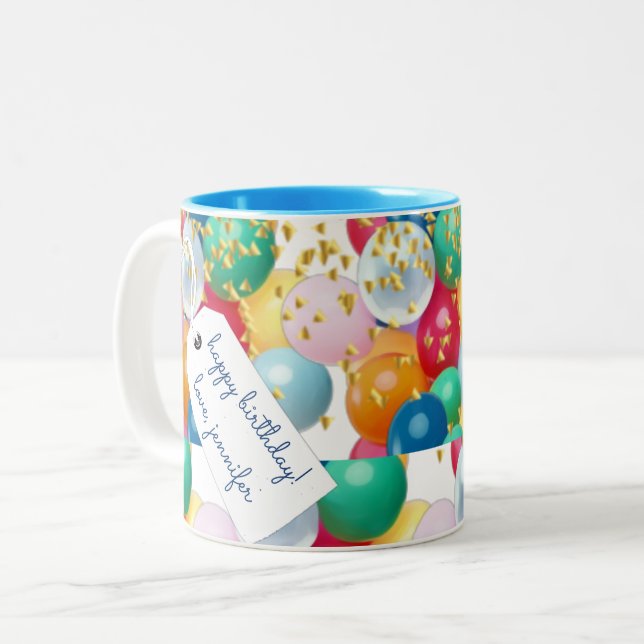 Personalised basic balloons confetti birthday Two-Tone coffee mug (Front Left)