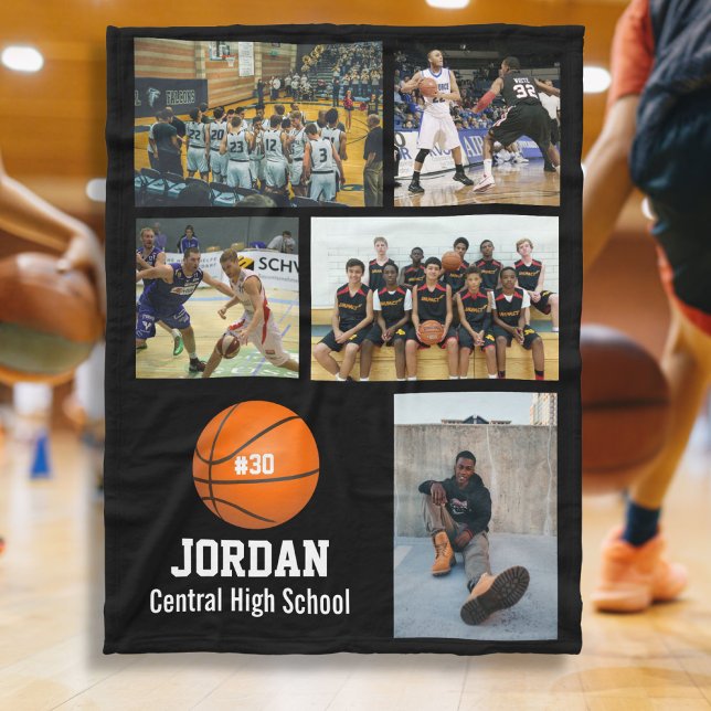 Personalised Basketball 5 Photo Collage Name Team# Fleece Blanket (Creator Uploaded)