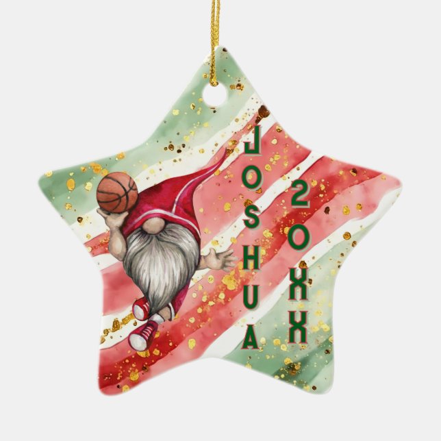 Personalised Basketball Gnome Christmas Ceramic Tree Decoration (Front)