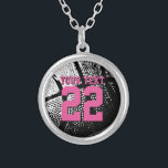 Personalised basketball jersey number necklace<br><div class="desc">Custom basketball necklace with jersey number. Personalised jewellery for basketball coach, player and fan. Personalizable with team name, quote, slogan, monogram and jersey number. Cute sports birthday gift idea for basketball girls. Make one for female coach, teammates, mum, wife, teen sister, sporty girlfriend etc. Girly neon pink font colour with...</div>