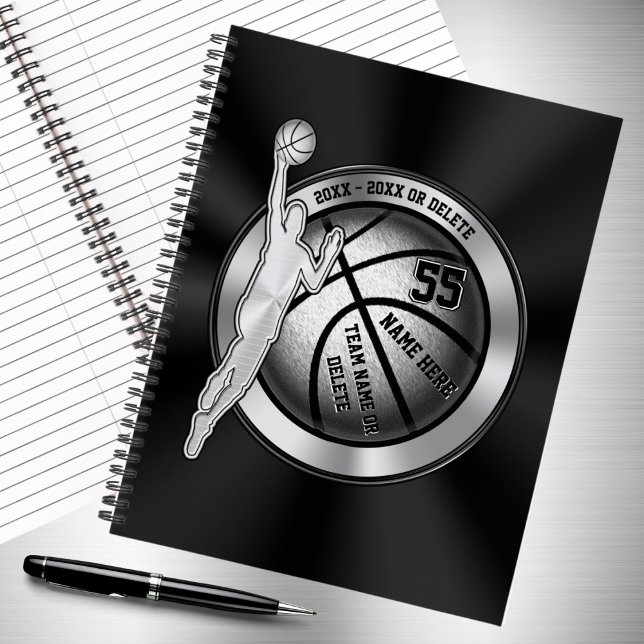 Personalised, Basketball Notebook for Guys (Personalized, basketball notebook. Black and Silver, basketball team gifts, Basketball gift ideas.)