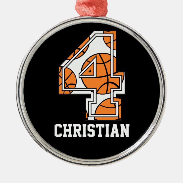 Personalised Basketball Number 4 Metal Tree Decoration (Front)