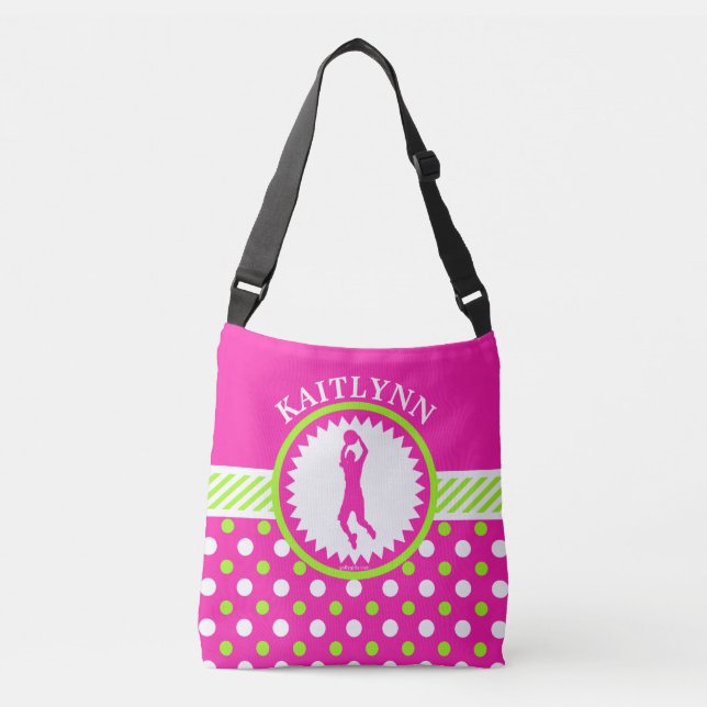 Personalised Basketball Pink - Green Polka-Dots Crossbody Bag (Front)