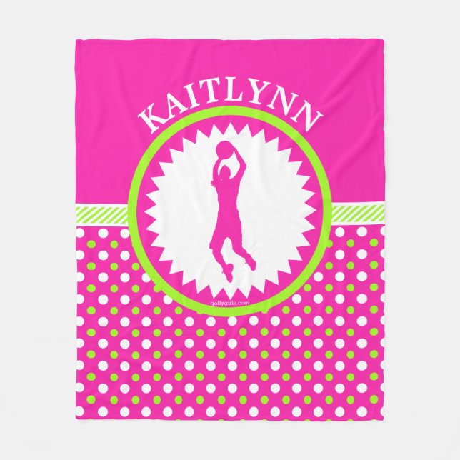 Personalised Basketball Pink - Green Polka-Dots Fleece Blanket (Front)
