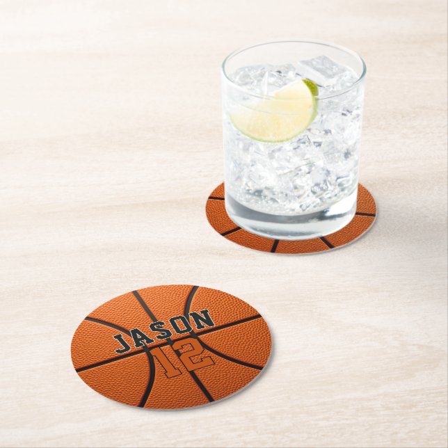Personalised Basketball with Name & Age Round Paper Coaster (Insitu)