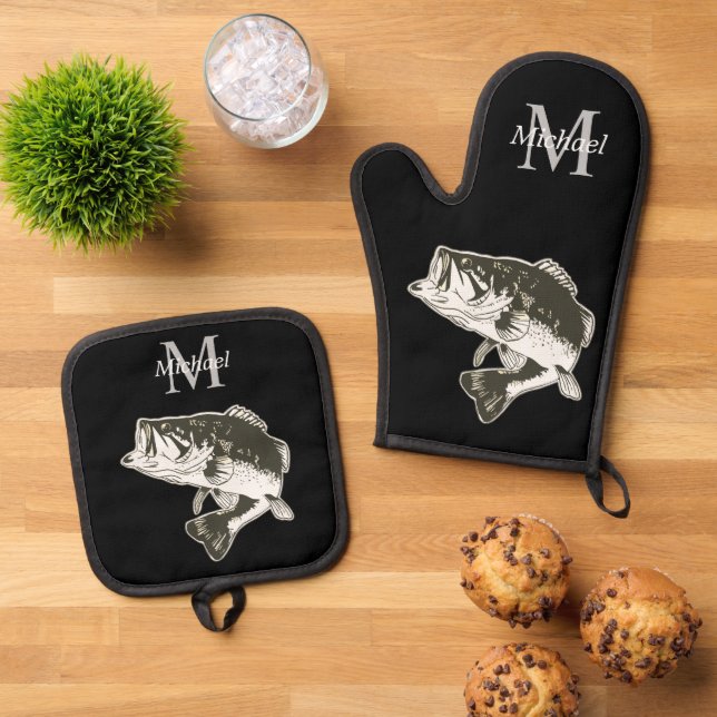 Personalised Bass Fishing Monogram Outdoors Rustic Oven Mitt & Pot Holder Set (Top Down)