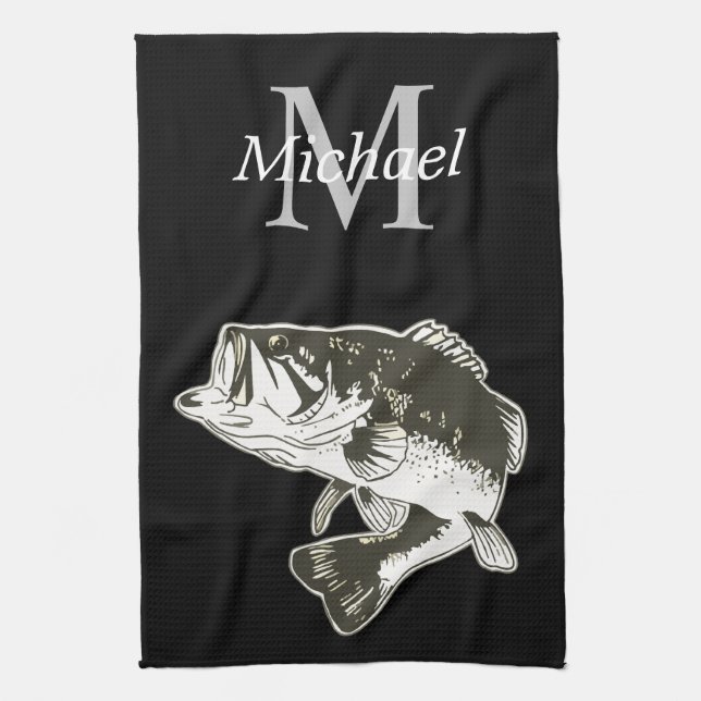 Personalised Bass Fishing Monogram Outdoors Rustic Tea Towel (Vertical)