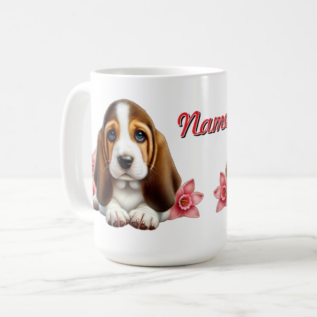 Personalised Basset Hound Puppy With Flowers Coffee Mug (Front Left)