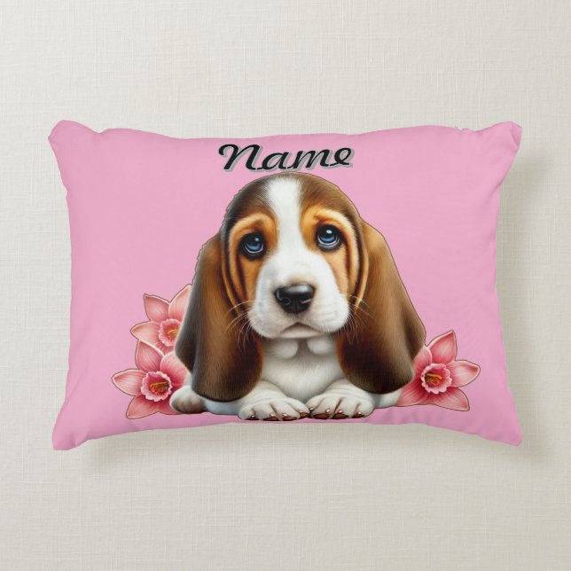 Personalised Basset Hound Puppy With Flowers Decorative Cushion (Front)