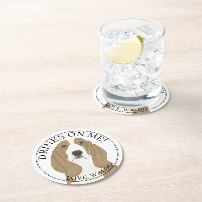 Personalised Basset Hound Wedding Round Paper Coaster (Insitu)